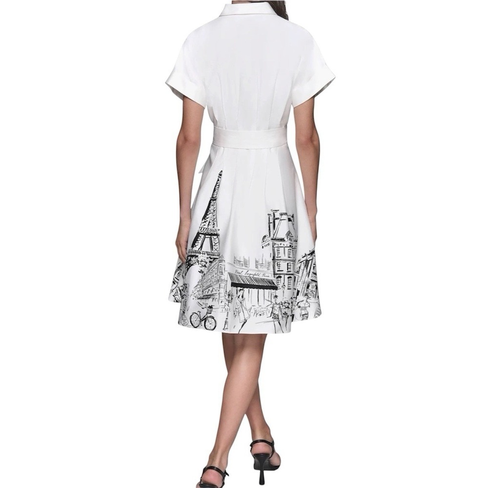 NWT KARL LAGERFELD PARIS Tie-waist Paris Border Dress, White Multi, 6, $169 - Picture 8 of 14